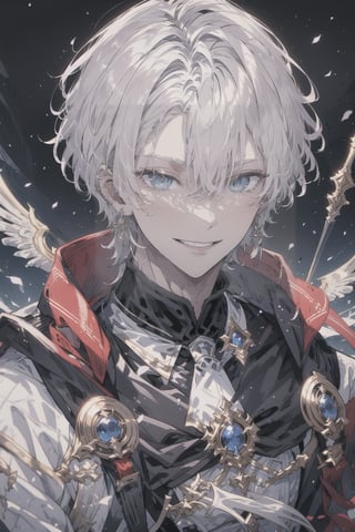 1boy, short hair, white hair, bright lighting, light shining on hair, white background, sitting, prince, blue eyes, pale skin, looking_at_viewer, smiling, grinning, close up, portrait, white royal attire, silver long earpiercing, masterpiece, best quality, amazing quality, white aesthetic, very aesthetic,1guy, masculine, 20 year old