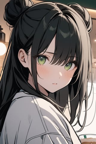 1girl, solo_female, long hair, black hair, buns, masterpiece, white sweatshirt, deep green eyes, cold expression, looking_at_the_viewer, wearing white denim shorts, portrait, closeup, tall girl, simple_background, outdoors in a cafe, starbucks, bright lighting, dramatic lighting, beautiful, lineart,txznf, standing