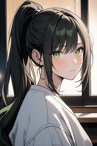 1girl, solo_female, long hair, black hair, ponytail, masterpiece, white sweatshirt, deep green eyes, cold expression, looking_at_the_viewer, wearing white denim shorts, portrait, closeup, tall girl, simple_background, outdoors in a cafe, starbucks, bright lighting, dramatic lighting, beautiful, lineart,txznf, standing