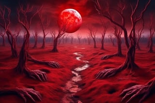 A strange place. The ground is grass that looks like human hands. There are red rivers and an eye shaped big red moon. nightmare scene,  Zombie, Realstic, 