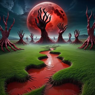 masterpiece, best quality, masterpiece,best quality, A strange place. The ground is grass that looks like human hands. There are red rivers and an eye-shaped big red moon. nightmare scene, 