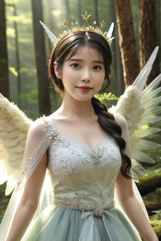 iu, woman, 1girl, solo, (outdoor, at forest), dress, wings, crown, looking at viewer, light smile, realistic, highres