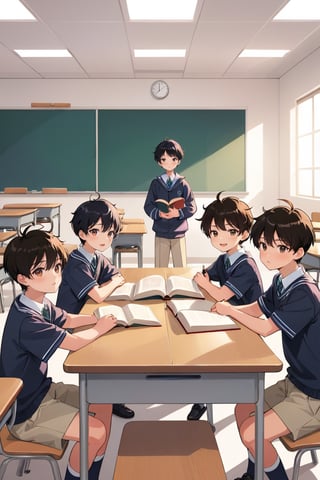 illustration childrens book, best quality, highres, source_cartoon, simple background, ground-eye level perspective; in a classroom, multiple boys, flat lighting; orderly students; (anime style:0.8), flat color.