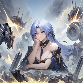 azur lane meta style, score_9, score_8_up, score_7_up, 1girl, solo, upper body, portrait, headrest,  bikini, torn clothes, sitting, BREAK mechanical turret, robot, dust, detailed background, detailed middle ground,alsace_(azur_lane)