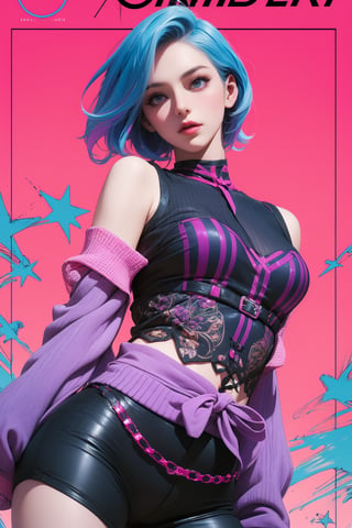 1girl, Charlie Kyrn, looking at viewer, thigh up body, punk-rock idol, styled outfit, on stage, professional lighting, red-orange-magenta-pink-blue-purple-fuchsia-cyan hair, different hairstyle, coloful, magazine cover, best quality, masterpiece,johyun,kmiu,Charlie Kyrn