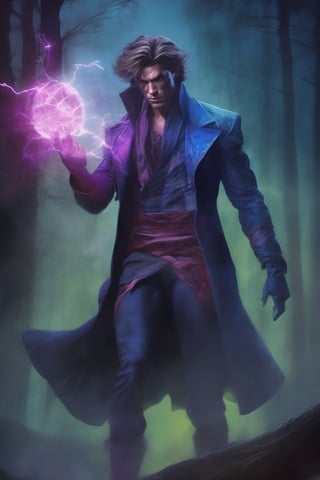 Gambit, Remy Etienne LeBeau, X-Men, Marvel Comics, extremely supernatural colours, normal skin Highly detailed, highly cinematic, close-up image of a deity of power, perfect composition, psychedelic colours, magical flowing mist, forest nature, skynight, stars, silver-fullmoon, metallic ink, beautifully lit, a fine art digital by Peter Mohrbacher and wlop, fantastic art, dark and mysterious, Alberto Mielgo, djamila knopf, 
