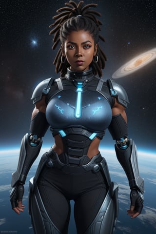 Dilly is a black woman of 28 years old. dark skin, black hair, dreadlocks, tblack eyes, Muscular Female, muscular arms, musculas thighs, defined muscles. she wears a cybernetic ninja armor, space opera, the sidereal space. Interactive, highly detailed image., , niji, Color Booster, 1girl, Dilly