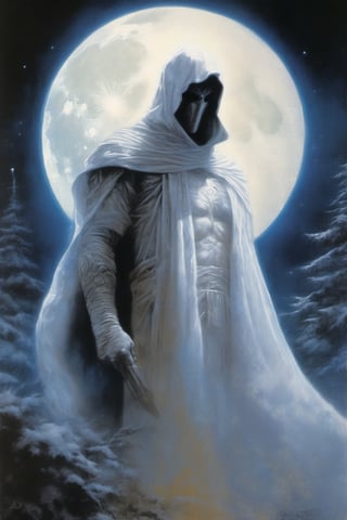 Moon Knight, Marc Spector, Marvel Comics, extremely supernatural colours, Highly detailed, highly cinematic, close-up image of a deity of the Moon, perfect composition, psychedelic colours, magical flowing mist, forest nature, silver_moon, lots of details, nightsky, stars, cold, ghostly, metallic ink, beautifully lit, a fine art painting by drew struzan and karol bak, gothic art, dark and mysterious, ilya kuvshinov, russ mills, 
