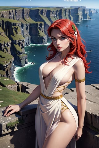 A sexy druid woman in sexy traditional Celtic dress stands on the edge of Cliffs of Moher., Charlie Kyrn, red hair, Charlie Kyrn