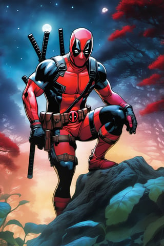 Deadpool, Marvel Comics, extremely supernatural colours,  Highly detailed, highly cinematic, close-up image of a deity of madness, perfect composition, psychedelic colours, magical flowing mist, forest nature, skynight, stars, silver-fullmoon, metallic ink, beautifully lit, a fine art digital by gu zheng wei and wlop, Photorealism art, dark and mysterious, Alberto Mielgo, djamila knopf, 
,more detail XL
