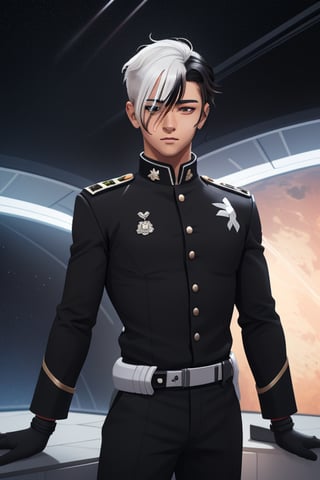 Shiro is a handsome young man of 19 years old. ((Short white hair)), ((Black streak hair)) , his eyes are dark_grey. he wears a black uniform, , in the background the cideral space. Interactive, highly detailed image., Shiro, niji, Color Booster