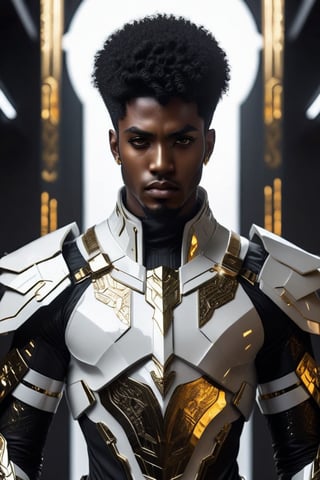 Sci-Fi. a human being, a handsome black man of 25 years old, black hair, afro haircut, black eyes.  athletic build.  ((black armor)). He wears a futuristic and highly cybernetic white armor. silver lines, golden ornaments. bull's iconography. Inspired by the art of Destiny 2 and the style of Guardians of the Galaxy.,perfecteyes
