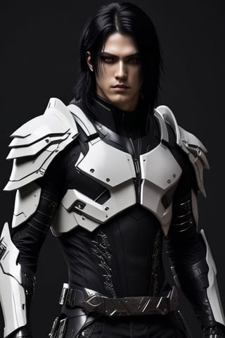 Sci-Fi. a human being, a handsome man of 25 years old, ((caucasian)), ((emo)), very long black hair, white highlisgts, straight haircut, black eyes. athletic build.  ((black armor)). He wears a futuristic and highly cybernetic black armor.  ((black detailed)), ((black ornaments)), ((black lines)), crow's iconography. Inspired by the art of Destiny 2 and the style of Guardians of the Galaxy.,perfecteyes
