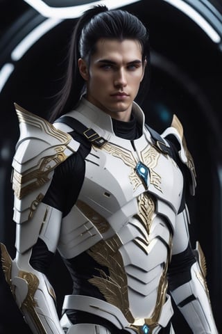 Sci-Fi. a human being, a handsome man of 25 years old, ((caucasian)), long black straight hair, ponytail haircut, blue eyes.  athletic build.  ((white armor)). He wears a futuristic and highly cybernetic white and black armor. golden lines, black ornaments. Angel's iconography. Inspired by the art of Destiny 2 and the style of Guardians of the Galaxy.,perfecteyes