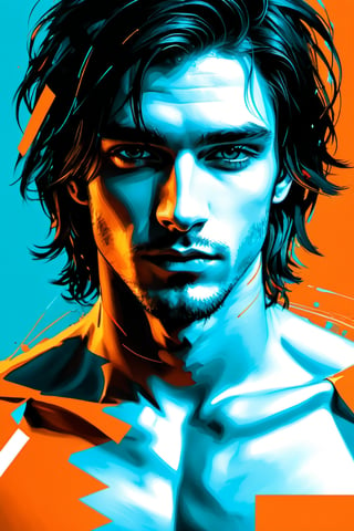 Please generate, abstract handsome young man, 18 years old, long black hair, looking into the camera, approaching perfection, dynamic, orange cyan colors, highly detailed, digital painting, artstation, concept art, sharp focus, illustration, art by Carne Griffiths and Vadim Kashin
