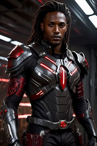 Sci-Fi.  a human being, a handsome black man of 25 years old, ((darkskin)), long black hair, dreadlocks haircut, light_brown eyes. athletic build.  ((light_grey armor)). He wears a futuristic and highly cybernetic black armor. ((red ornaments)), ((white lines)). tribal's iconography. Inspired by the art of Destiny 2 and the style of Guardians of the Galaxy.,perfecteyes