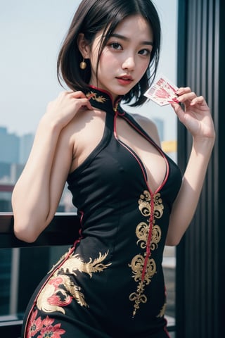 a beautiful and cute Woman wearing a red cheongsam with gold dragon motif, disfigured forms, short dark blue hair, big breats, holding hand-held fan, came down while random sexy pose at Hangzhou, china and her friend took a photo
.
Hangzhou, china masterpiece, photorealistic, best quality, skin details, 8k intri, HDR, half body, cinematic lighting, sharp focus, eyeliner, lips, earrings, hmmikasa, long hair,