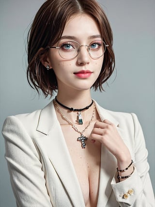 masterpiece, best quality, 3D rendering, 3DMM style, Close-up, sportrait, 3D, 1girll, smile, wearing glasses, Solo, （Brunette long red hair 3.2）, choker necklace, freckles, jewelry, Look at the camera realistically, Upper body, （White suit 1.2）Simple background and white, edged, looking away, short hair, parted lips, green eyes, gothic, choker and necklace, wearing makeup
INFORMATION