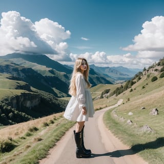 1girl, solo, long hair, blonde hair, boots, sky, day, cloud, scenery