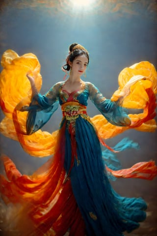 This is a digital photography. A girl, photographed from head to toe, wears an ornate, flowing costume from ancient Chinese Dunhuang murals in bright colors including turquoise, gold and red, embellished with floral patterns and delicate details. The long flowing black hair is decorated with ornate hair accessories, against a background of softly blurred glowing spheres and abstract elements, suggesting a mysterious or dreamy environment. The dynamic light and flow of clothing convey a sense of movement, adding to the ethereal quality of the artwork. The overall ambience is both serene and vivid, and the rich combination of textures and colors is intoxicating. Floating in the air, posing gracefully like a Chinese classical folk dance~~~~The body rotates sideways, causing the sleeves and hair to fly.(Emma Watson:0.8),dunhuang