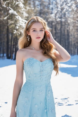 best quality, masterpiece, In the serene beauty of a snowy Russian forest, a girl with very long wavy blonde hair captures the essence of Rococo style with a contemporary twist. Adorned with lavish jewelry that mirrors the crystalline snowflakes around her, she wears the latest fashion trends that pay homage to Russia's rich heritage. The picturesque setting, a testament to Russia's natural splendor, serves as the perfect canvas for her striking appearance, blending timeless elegance with modern flair to create a breathtaking vision of beauty and grace. ultra realistic illustration,siena natural ratio, by Ai Pic 3D, cinematic lighting, ambient lighting, sidelighting, cinematic shot, head to thigh portrait, digital art, ultra hd, realistic, vivid colors, extremely detailed, photography, ultra hd, realistic, vivid colors, highly detailed, UHD, perfect composition, beautiful detailed intricate insanely detailed octane render trending on artstation, 8k artistic photography, photorealistic concept art, soft natural volumetric cinematic perfect light.(Emma Watson:0.8),1 girl,beaded flower decoration,future0603,blue flower dress,milokk