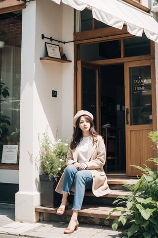 a young woman sitting on steps leading to a wooden, rustic storefront adorned with plants. She wears a plaid coat, beret, and jeans, with a soft expression. The background features a mix of modern and traditional elements, with wooden frames, a fabric awning, and potted greenery enhancing the serene atmosphere. The storefront sign reads "crema," and a white “OPEN” sign is prominently placed on the left. Natural light illuminates the scene, giving it a welcoming and tranquil vibe.