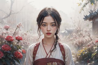 A girl, wearing hanfu, peony garden, butterfly, (negative space:1.4), fusion of art nouveau styles with gongbi painting, gold and white and red hue, Mucha style, (Cinematic lighting, ethereal light, intricate details, extremely detailed, incredible details, full colored), complex details, hyper maximalist, gorgeous light and shadow, detailed decoration, detailed lines. masterpiece, best quality, HDR, UHD, unreal engine. looking at the camera, fair skin, beautiful face,myhanfu,Colors,ChineseWatercolorPainting