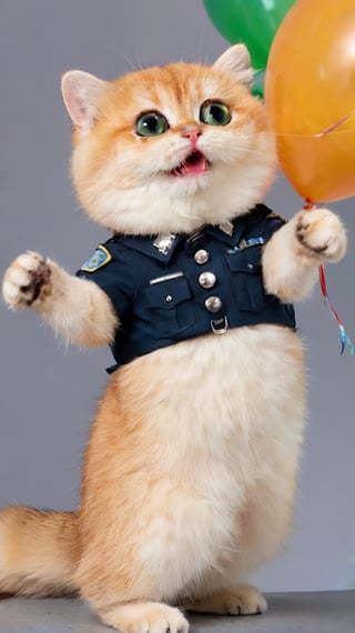 An orange cat standing on two legs. It has a pair of big eyes and a big mouth. Its hand is holding a balloon that is about to float away. It is wearing a handsome police uniform. The gun bag contains a toy mouse. The background is amusement park equipment. The background is in the amusement park. There is a toy mouse on the belt. It is a police belt.