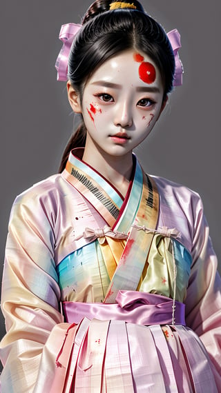 A 20-year-old Korean young lady in a traditional, elegant Hanbok, showcasing a more natural and realistic appearance. The Hanbok is in tasteful pastel colors, enhancing her subtle beauty. This image aims to capture a high level of realism, akin to a photograph taken with a Hasselblad camera. It includes fine details such as distinct pores on her forehead and cheeks, a small scar on her chin from a childhood accident, and a slightly asymmetrical mouth and eyes. The overall look should be a harmonious blend of cultural elegance and realistic, individual characteristics."