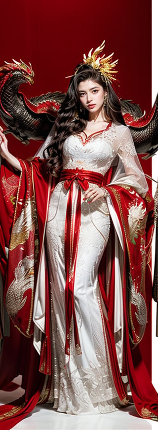 A charming portrait of a stunning bride: girl with wavy hair, body proportions 1:3. Her red silk Chinese style dragon and phoenix bridal gown glowed against a clear, vibrant background. The bride's elegant and intricate bridal hairstyle draws attention to her toned legs and alluring physique as she stands confidently in the camera.close-up