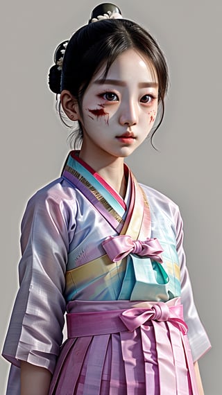 A 20-year-old Korean young lady in a traditional, elegant Hanbok, showcasing a more natural and realistic appearance. The Hanbok is in tasteful pastel colors, enhancing her subtle beauty. This image aims to capture a high level of realism, akin to a photograph taken with a Hasselblad camera. It includes fine details such as distinct pores on her forehead and cheeks, a small scar on her chin from a childhood accident, and a slightly asymmetrical mouth and eyes. The overall look should be a harmonious blend of cultural elegance and realistic, individual characteristics."