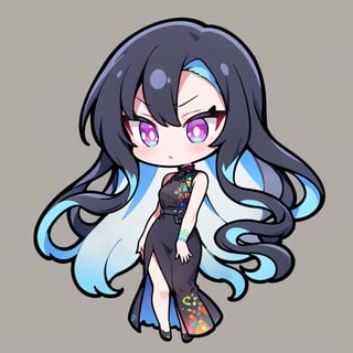 masterpiece, best quality 1.2, Create a chibi anime a snake girl with long flowing hair and a determined expression. She is wearing a stylish dark dress with chinese accents. The background should depict chinese theme (transparent). full body. 1 person. full color. vivid colors.chibi