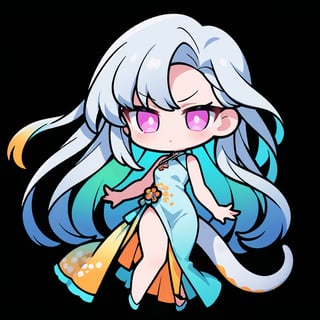 masterpiece, best quality 1.2, Create a chibi anime a half snake tail girl with long flowing hair and a determined expression. She is wearing a stylish dress chinese.TRANSPARENT PNG background chinese theme. full body. 1 person. full color. vivid colors.