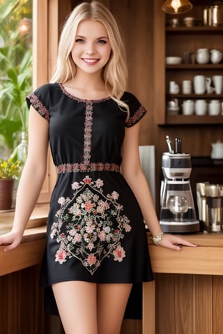 1girl, Beautiful young woman, blonde, smiling, (in beautiful Ukrainian national costume embroidery ornament black, whitet sunny day, botanical   indan drees coffee shop realistic