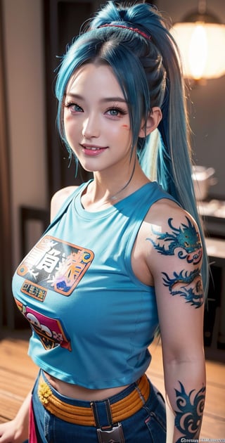 upper_body , score_9, score_8_up, score_7_up, score_6_up, 1girl, long hair,short_ponytail, light blue hair, sunset, grey eyes, plump, realistic, tattoo on body, beautiful mixed detail tattoo, tattoo of, arm tattoo, ((anime girl tattoo wearing dragon ball comic of Japan t-shirt)),smile,looking_at_viewer,(oil shiny skin:0.8), (big_boobs), willowy, chiseled, (hunky:1.8),(perfect anatomy, prefect hand,), 9 head body lenth, dynamic sexy pose, (artistic pose of awoman),from_above