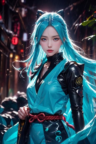 a Japanese ninja aqua-spirit--girl, long cyan hair, high quality, high resolution, high precision, realism, color correction, proper lighting settings, harmonious composition.
