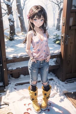 主：(foggy woods),((Full body image)),(((standing))),
人：1litte 1kid 7yo gril (Child:1.2),
體：Beautiful girly body proportions,smaller body frame,
髮：(long hair),
服：(((Low-cut collarless and sleeveless sweater with floral pattern))),(((Sheer sleeveless sweater))),(((deep V low neckline))),(very short denim hot pants),(((snow boots))),