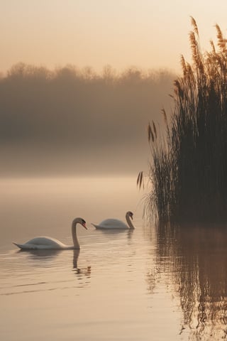 A minimalist scene of a pair of swans gliding across a misty lake, golden hour sunlight on the water, colors of different shades in sky, with a few reeds breaking the surface. The soft mist and the calm water create a serene and timeless atmosphere. The color grading should emphasize the gentle grays of the mist and water, contrasted with the elegant white of the swans, enhancing the peaceful and minimalist quality of the image. Shot on a Fujifilm GFX 100S with a Fujinon GF 110mm f/2 R LM WR lens by Marta Bevacqua.