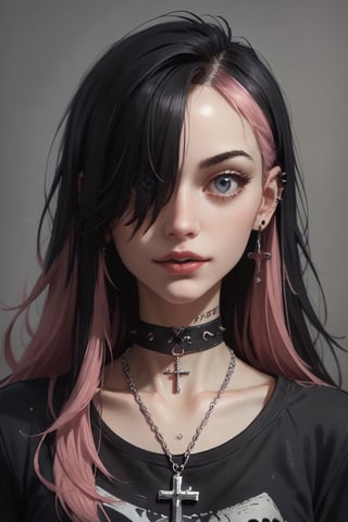score_9, score_8_up, score_7_up, Goth girl, Goth girl 1girl 1girl,solo,long hair,looking at viewer,simple background,black hair, jewelry,pink hair,multicolored hair,choker,black eyes,grey background,necklace,(hair over one eye),two-tone hair,cross,portrait,,  , , , 