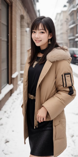 Beautiful and delicate light, (beautiful and delicate eyes), pale skin, big smile, (brown eyes), (black long hair), dreamy, medium chest, woman 1, (indan dress), Korean girl, bangs, soft expression, elegance, bright smile, 8k art photo, realistic concept art, realistic, portrait, necklace, small earrings, handbag, fantasy, jewelry, shyness, skirt, winter parka, scarf, snowy street, footprints,12 years old