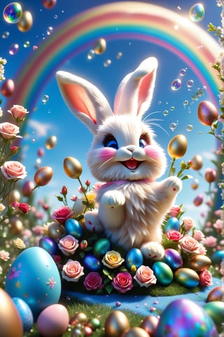 Chibi bunny (bunny fur:1.5) smiling charmingly, nestled among roses, gifts and golden seeds, framed by a verdant lawn dotted with Easter eggs, against a backdrop of blue skies and rainbow arches with floating soap bubbles, in a charmingly pose, photographed by Miki Asai with macro lens precision, trending on ArtStation with Greg Rutkowski's detailed fantasy style in 9k resolution, sharp focus aperture F 1.5, intricate details, setting studio photography, ultra high