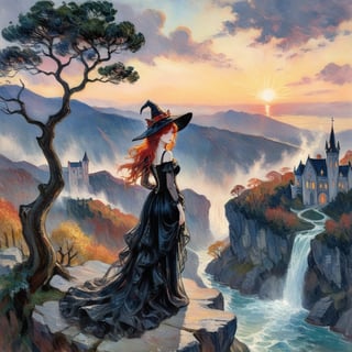 Elegantism, opulent scene, Pierre Auguste Renoir style, Impressionism, gothic (1girl:1.4),  depth of field, extreme detailed, high color contrast, 

A serene, ethereal figure of a young woman in a flowing black dress and black witches hat, her long red hair cascading down her back like a waterfall. Standing on  the edge of cliff, she gazes out over a misty mountainside, the delicate dance of setting sunlight filters through the ancient trees. In the background, mountain water fall, a gothic castle perched on a cliff overlooks a gloomy lake reflecting the vibrant colors of the setting sun. Far away, dark and oppressive storm clouds gather on the horizon