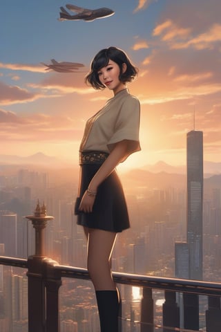 70s' Kowloon city wall street  black short hair beauty girl, Japanese 5 feet 6inchs ears ring, jumping, magic hour, air-plane on the sky  perfect face, short smile, fantasy, intricate, elegant, highly detailed, digital painting, concept art, sharp focus, realistic, trending on artstation, ArtStation, digital painting, by artgerm and greg rutkowski and alphonse mucha
full body