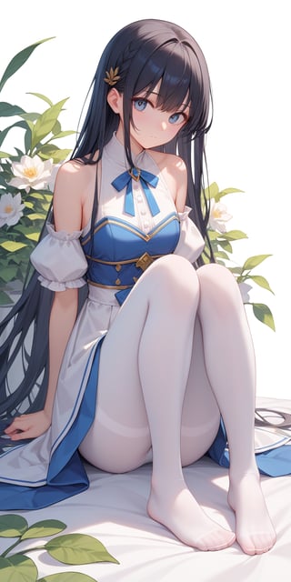 score_9, score_8_up, score_7_up, score_6_up, score_5_up, score_4_up,source_anime,

masterpiece, newest, Highly detailed, 1girl, Off the shoulders, sitting, arms at sides, long hair, white pantyhose, no shoes, black hair, White background, facing the viewer,(full body)