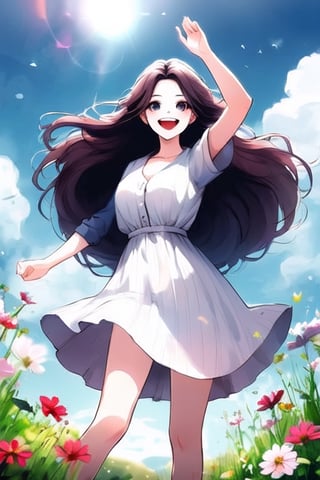 A joyful woman is standing in a sunny meadow, surrounded by colorful wildflowers. She has a bright, cheerful smile on her face, and her eyes are sparkling with happiness. Her long, flowing hair catches the sunlight as she throws her arms up in a carefree gesture. The sky is clear and blue, with a few fluffy white clouds. She is wearing a light summer dress that flows with the breeze, and her entire posture exudes joy and freedom.