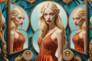 Neo-surrealism, whimsical art, fantasy, magical realism, bizarre art, pop-surrealism, inspired by Remedios Val. Depicts multiple twisted mirrors and a beautiful blonde long hair fashion woman.
