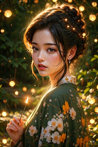 1 japan girl, 8k, masterpiece, ultra-realistic, best quality, high resolution, high definition,fancy light, fireflies