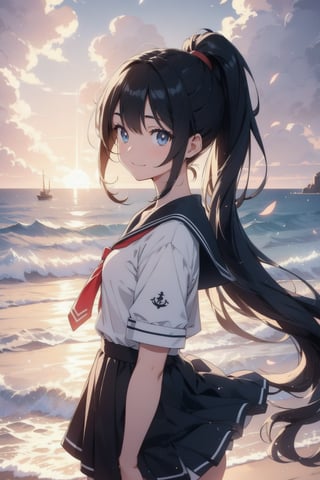 anime style beautiful woman, 1girl, (ponytail), black hair, (long hair), (smile), (beach), (A blanket of clouds stretching across the sky, diffusing sunlight and creating a soft, subdued atmosphere)),  
Slender, skinny, (turime), thick eyebrows, 
(school uniform), (sailor uniform), ((red sailor tie)), (white sailor blouse), 
vibrant colors, sharp focus, best quality, depth of field, cinematic lighting, (illustration, 8k CG, extremely detailed), ultra-detailed, high resolution, firefliesfireflies, perfect light, 
stylish pose, 8k, very clear, highest quality, high resolution. best quality, illustration, sax blue, 1girl, cute, (dynamic lighting:1.2), cinematic lighting, delicate facial features, detailed eyes, sharp pupils, realistic pupils, depth of field, bokeh, sharp focus, (hyper-detailed, bloom, glow:1.4), many small gems,Beautiful Beach,rain,niji,light