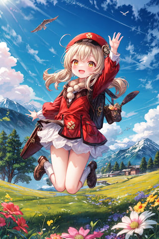 ultra-detailed, loli, masterpiece, light details, high_resolution ,kleedef, yellow eyes, captured in mid-jump, with a radiant expression of happiness on her face. Her eyes sparkle with joy and her cheeks are slightly flushed, conveying pure emotion. Her hands are outstretched to the sides.

The landscape behind her is a lush green meadow, dotted with vibrantly colored flowers that seem to dance in the wind. In the distance, majestic mountains can be seen, partly covered by fluffy white clouds. The sky is a clear blue, with a few birds flying freely, complementing the sense of freedom and joy that Klee exudes. The sunlight illuminates the scene, creating a warm and welcoming atmosphere, enhancing the liveliness of the moment.