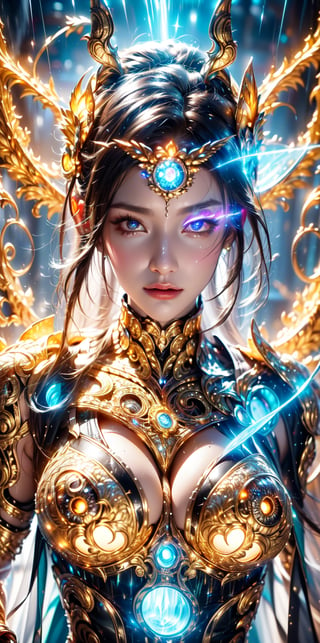 (goddess,venus,iron woman),busty,(Intricate luminous armor design:1.2),white plasma electromagnetic shield,crystal and silver entanglement,Star flash,(Persian Paisley clothes),glowing forehead